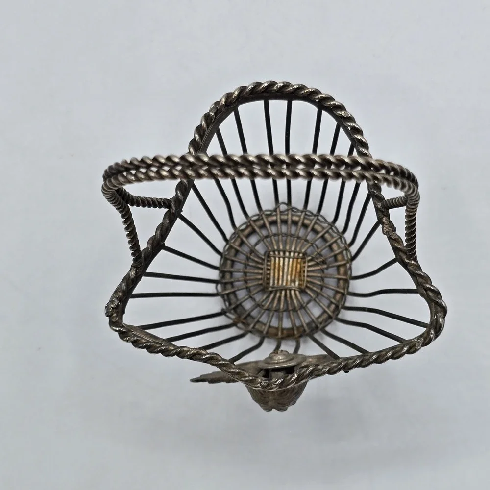 Vintage Silver Tone Wire Metal Decorative Mini Basket Angel Cherub On Front